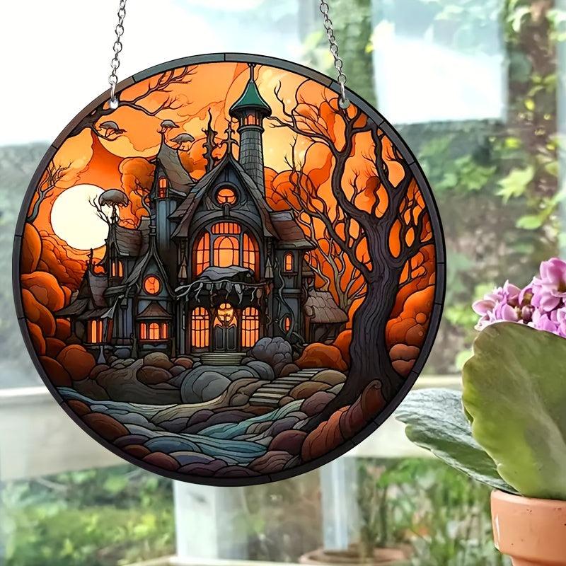 Spooky Castle Glass Window Decoration Charm for Halloween