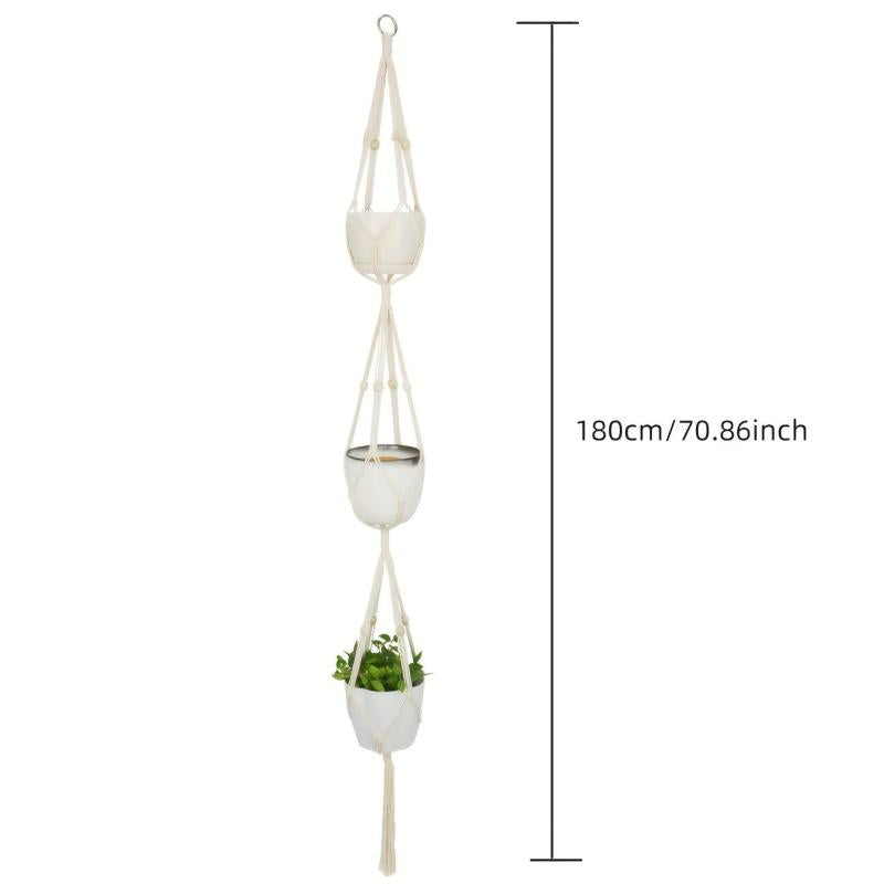 Boho Flower Pot Hanging Basket Cotton Rope Tassel Three-layer