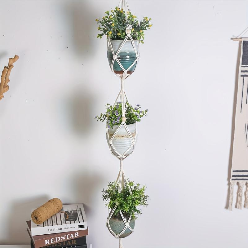 Boho Flower Pot Hanging Basket Cotton Rope Tassel Three-layer