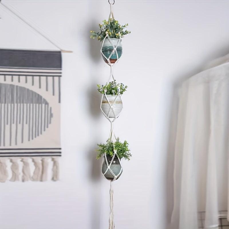 Boho Flower Pot Hanging Basket Cotton Rope Tassel Three-layer