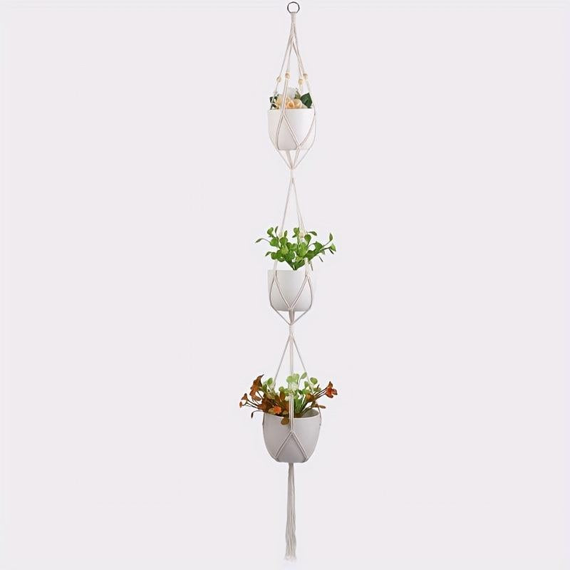 Boho Flower Pot Hanging Basket Cotton Rope Tassel Three-layer