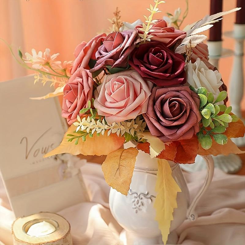 25pcs Dark Red Artificial Rose Flowers Real Touch Home Wedding Office Decor