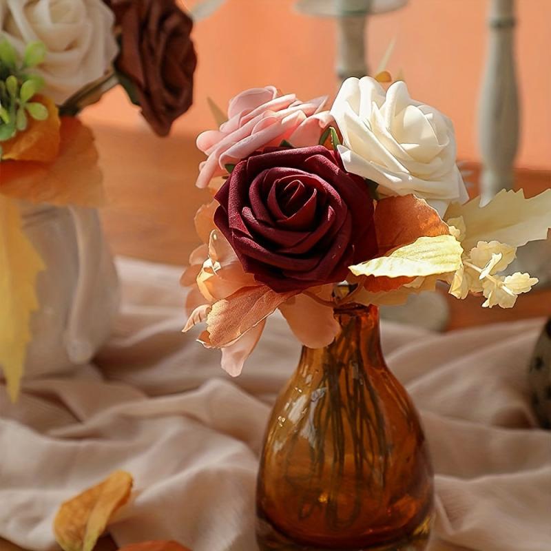 25pcs Dark Red Artificial Rose Flowers Real Touch Home Wedding Office Decor