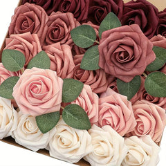 25pcs Dark Red Artificial Rose Flowers Real Touch Home Wedding Office Decor