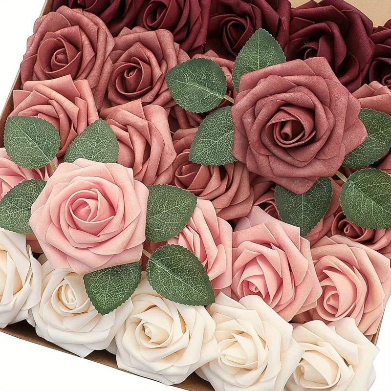 25pcs Dark Red Artificial Rose Flowers Real Touch Home Wedding Office Decor