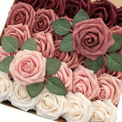25pcs Dark Red Artificial Rose Flowers Real Touch Home Wedding Office Decor