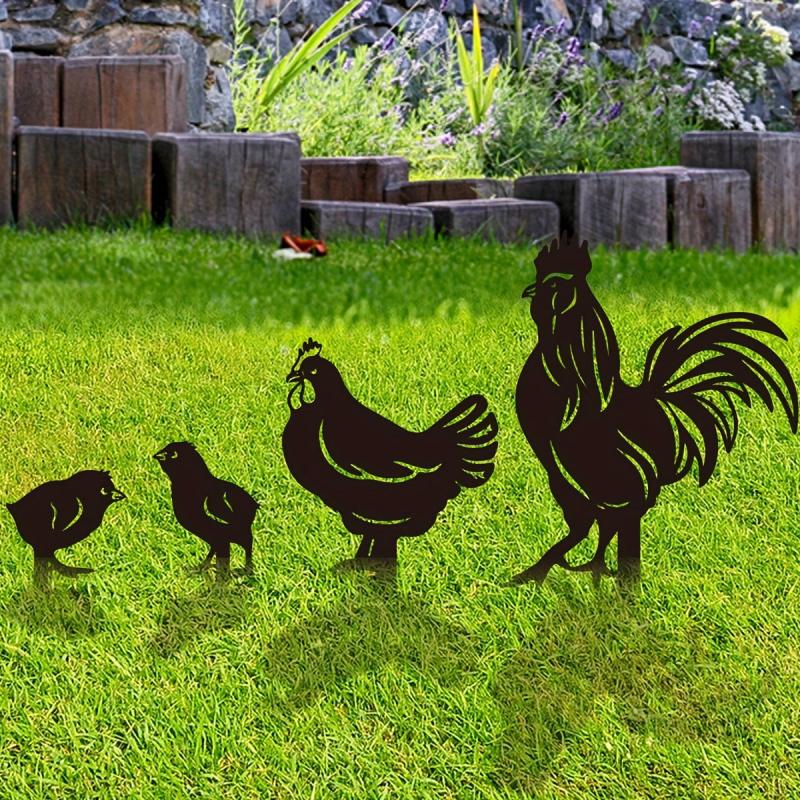 4pc Rooster Silhouette Stake Set for Garden Decor