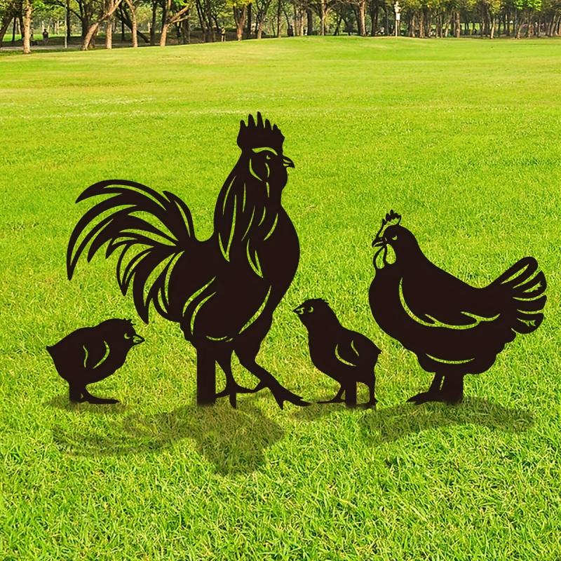 4pc Rooster Silhouette Stake Set for Garden Decor