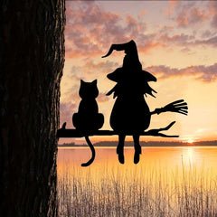 Iron Witch And Cat Garden Stake Yard Art Decor Tree Stump Plug-in
