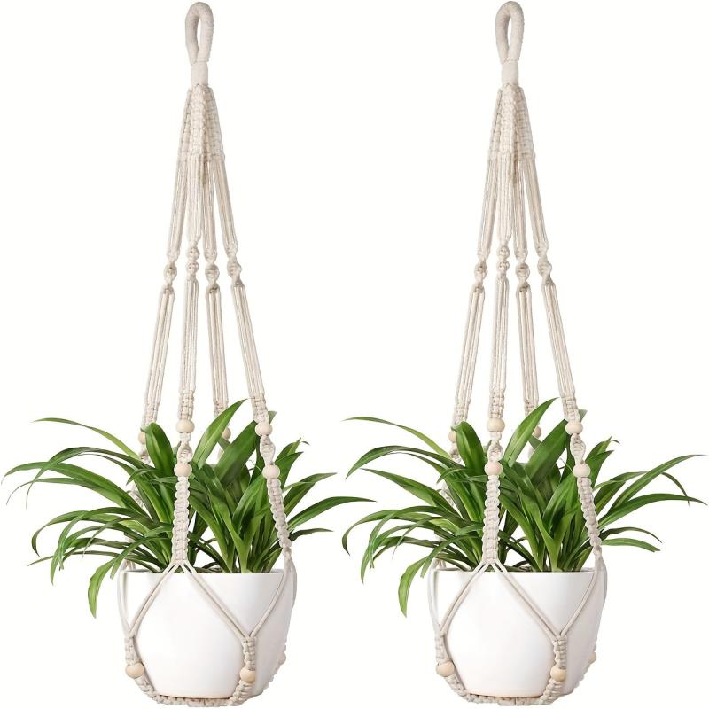2pcs Macrame Plant Hanging Basket Wood Beads No Tassels Indoor Outdoor