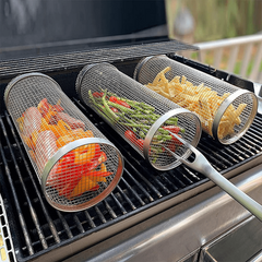 3pcs BBQ Basket Set with Hook & Fork Outdoor Barbecue Net Barrel