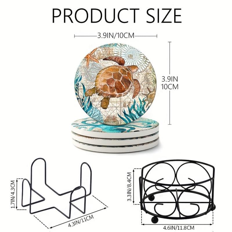 Sea Life Coaster Set with Cork Base - Coastal Decor