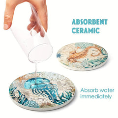 Sea Life Coaster Set with Cork Base - Coastal Decor