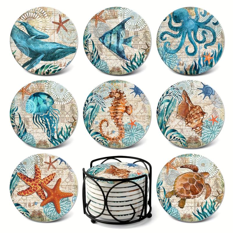 Sea Life Coaster Set with Cork Base - Coastal Decor