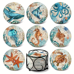 Sea Life Coaster Set with Cork Base - Coastal Decor
