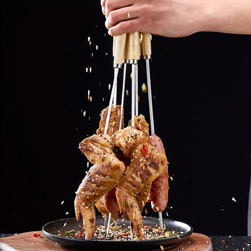 Wooden Handle BBQ Flat Skewers - Pack of 20 - Meat Fish Reusable