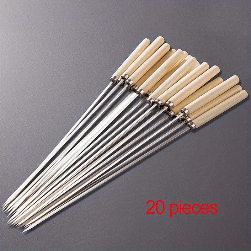Wooden Handle BBQ Flat Skewers - Pack of 20 - Meat Fish Reusable