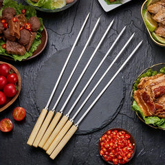 Wooden Handle BBQ Flat Skewers - Pack of 20 - Meat Fish Reusable