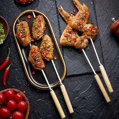 Wooden Handle BBQ Flat Skewers - Pack of 20 - Meat Fish Reusable