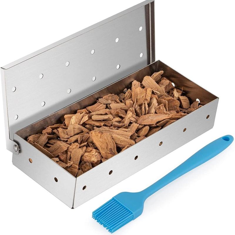 Stainless Steel BBQ Smoker Box & Basting Brush for Grilling, Wood Chips Box