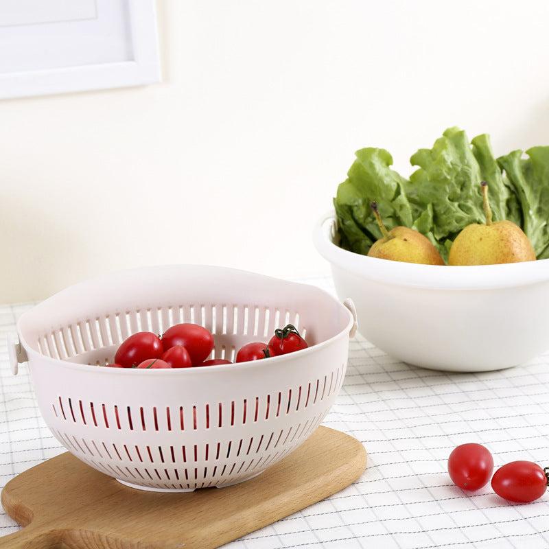 Rotating Double Layer Vegetable Fruit Washing Strainer with Drain Basket