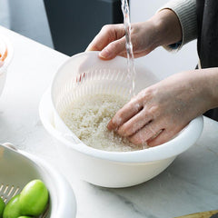 Rotating Double Layer Vegetable Fruit Washing Strainer with Drain Basket