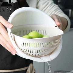Rotating Double Layer Vegetable Fruit Washing Strainer with Drain Basket