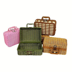 Vintage Handbag Storage Box Natural Green Rattan Woven Picnic Basket