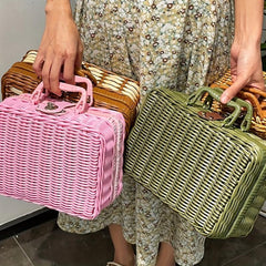 Vintage Handbag Storage Box Natural Green Rattan Woven Picnic Basket