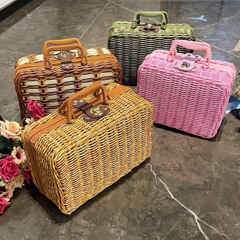 Vintage Handbag Storage Box Natural Green Rattan Woven Picnic Basket