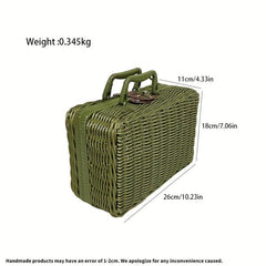 Vintage Handbag Storage Box Natural Green Rattan Woven Picnic Basket