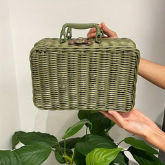 Vintage Handbag Storage Box Natural Green Rattan Woven Picnic Basket