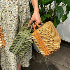 Vintage Handbag Storage Box Natural Green Rattan Woven Picnic Basket