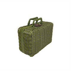 Vintage Handbag Storage Box Natural Green Rattan Woven Picnic Basket