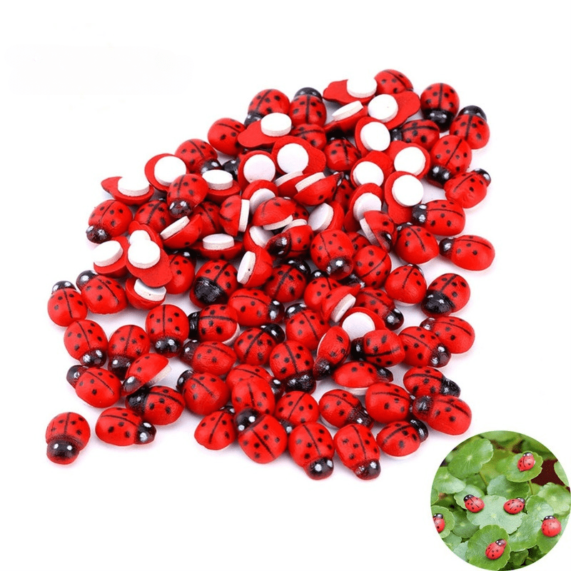 50pcs Mini Wooden Ladybug Stickers for Fairy Garden Dollhouse