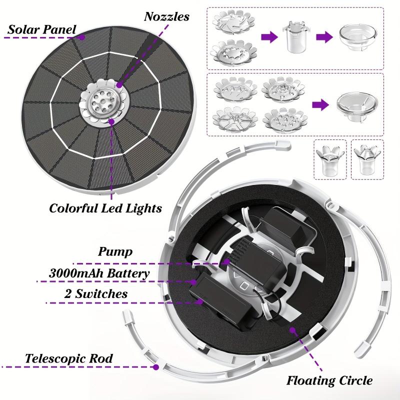 5W LED Solar Fountain Pump With Lights For Bird Bath DIY