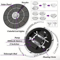 5W LED Solar Fountain Pump With Lights For Bird Bath DIY