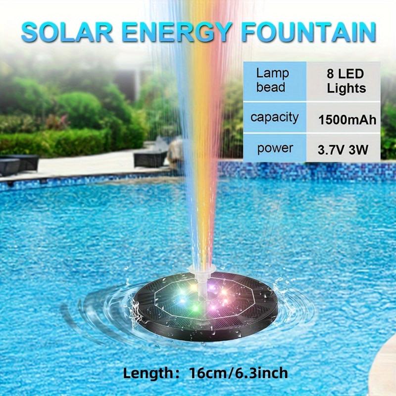 Bird Bath Fountains Solar Glass Panel 3W Pump With 7 Nozzles & LED Light