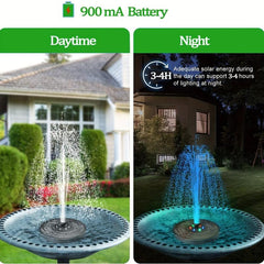 Bird Bath Fountains Solar Glass Panel 3W Pump With 7 Nozzles & LED Light