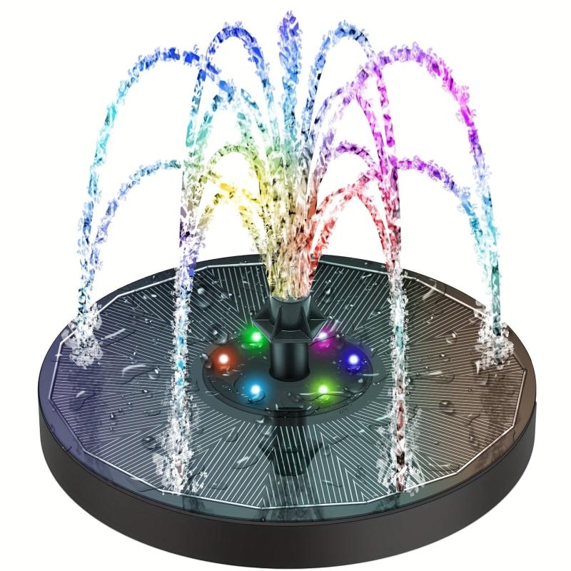 Bird Bath Fountains Solar Glass Panel 3W Pump With 7 Nozzles & LED Light