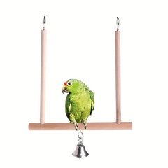 Birds Perch Parrot Play Toys Stand Holder Natural Wooden Swing Bell Cage Hanging
