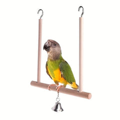 Birds Perch Parrot Play Toys Stand Holder Natural Wooden Swing Bell Cage Hanging