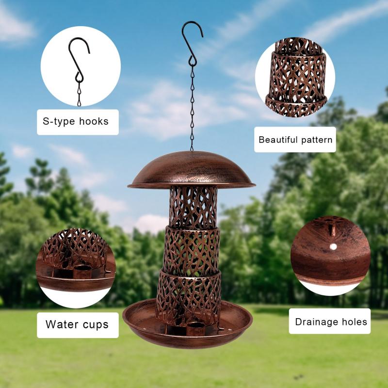3 Tier Outdoor Bird Feeder Metal with 2 Water Cups Large Capacity
