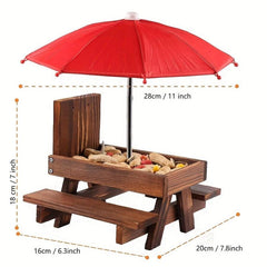 Wooden Squirrel Feeder Picnic House with Umbrella for Outdoor Garden