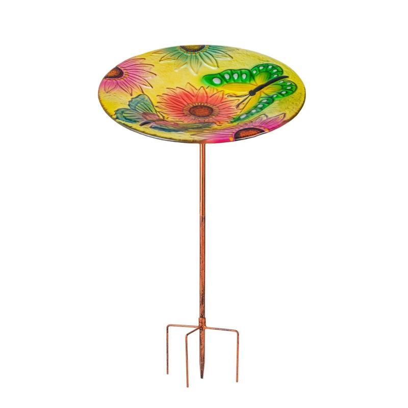Glass Bird Bath Feeder with Stake for Garden Decor