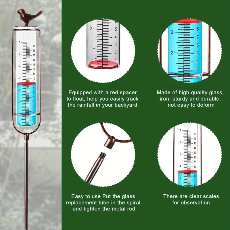 Bird Glass Rain Gauge With Stake And Gasket Metal Frame Outdoor Garden Decor