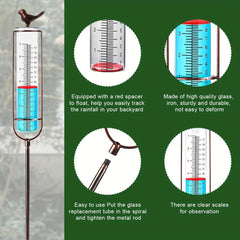 Bird Glass Rain Gauge With Stake And Gasket Metal Frame Outdoor Garden Decor
