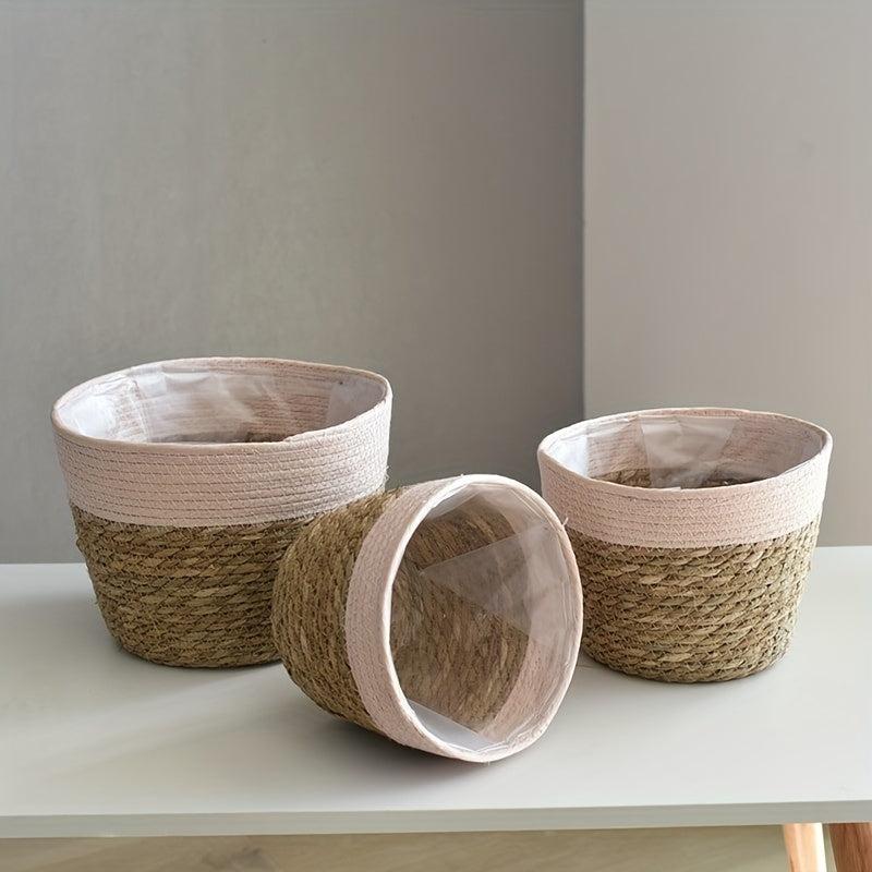 Straw Woven Flowerpots Set for Succulents Green Plants Hydroponics