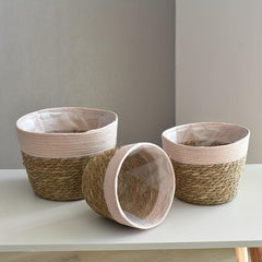 Straw Woven Flowerpots Set for Succulents Green Plants Hydroponics