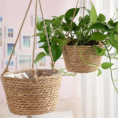 Handwoven Straw Hemp Rope Hanging Potted Plant Pot - Home Decor